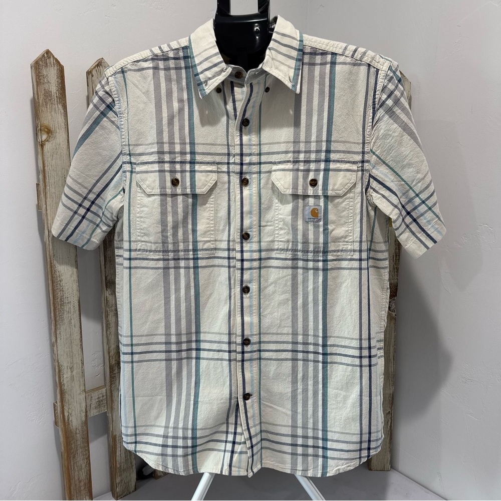 Carhartt Plaid Shirt Loose Fit Short Sleeve Button Down Cotton Mens Size Medium